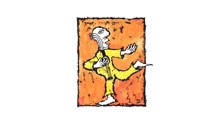 Zeichnung Bajazzo Figur mit Saiteninstrument im Körper