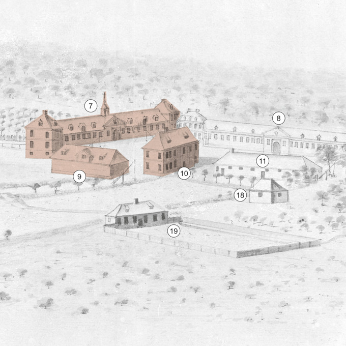 Gebäude der Schlossanlage rot transparent hervorgehoben