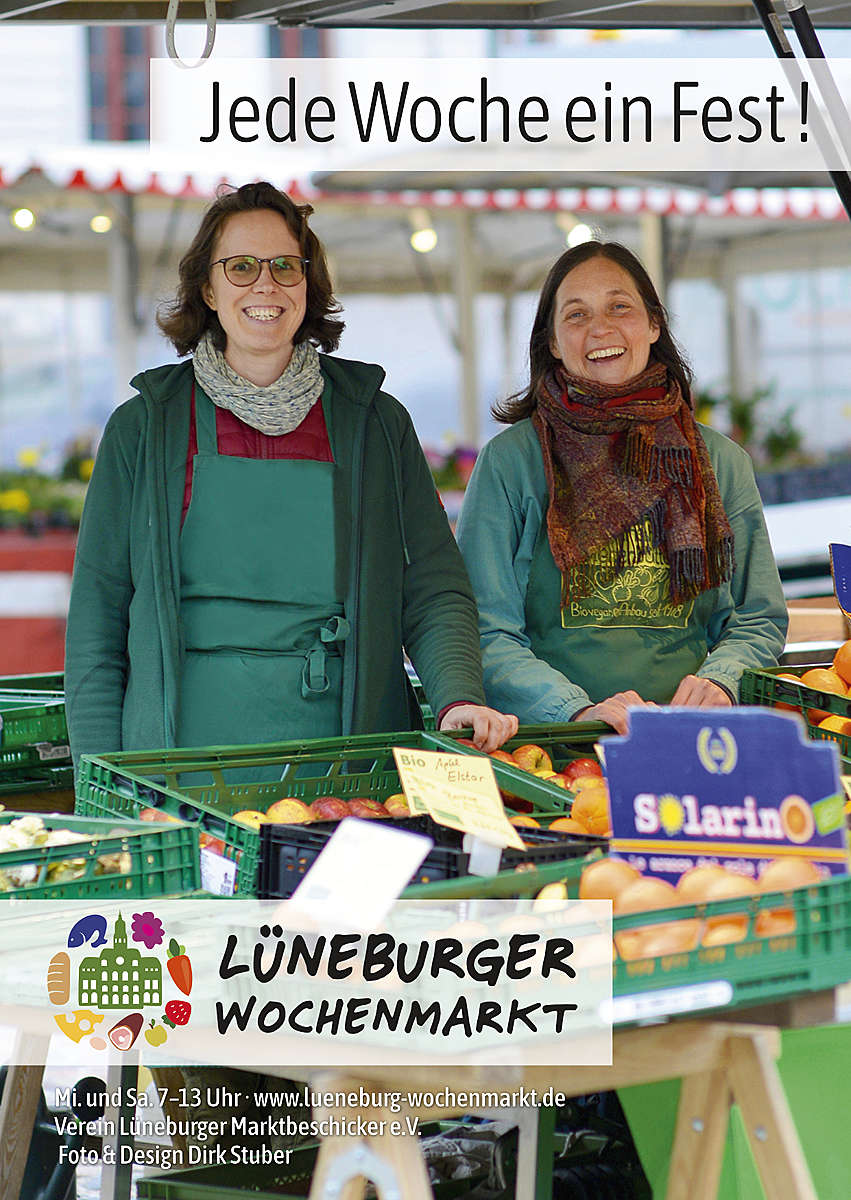 Anzeige für den Lüneburger Wochenmarkt – zwei Gemüseverkäuferinnen